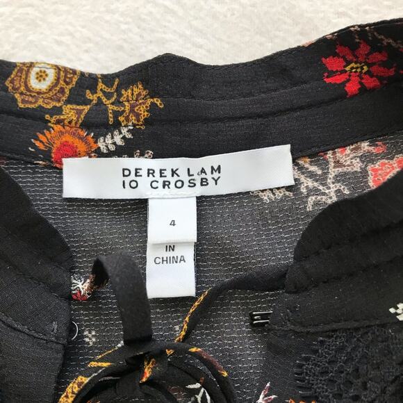 Derek Lam 10 Crosby black silk blouse Aztec floral print 4 long sleeve v neck - Picture 3 of 12